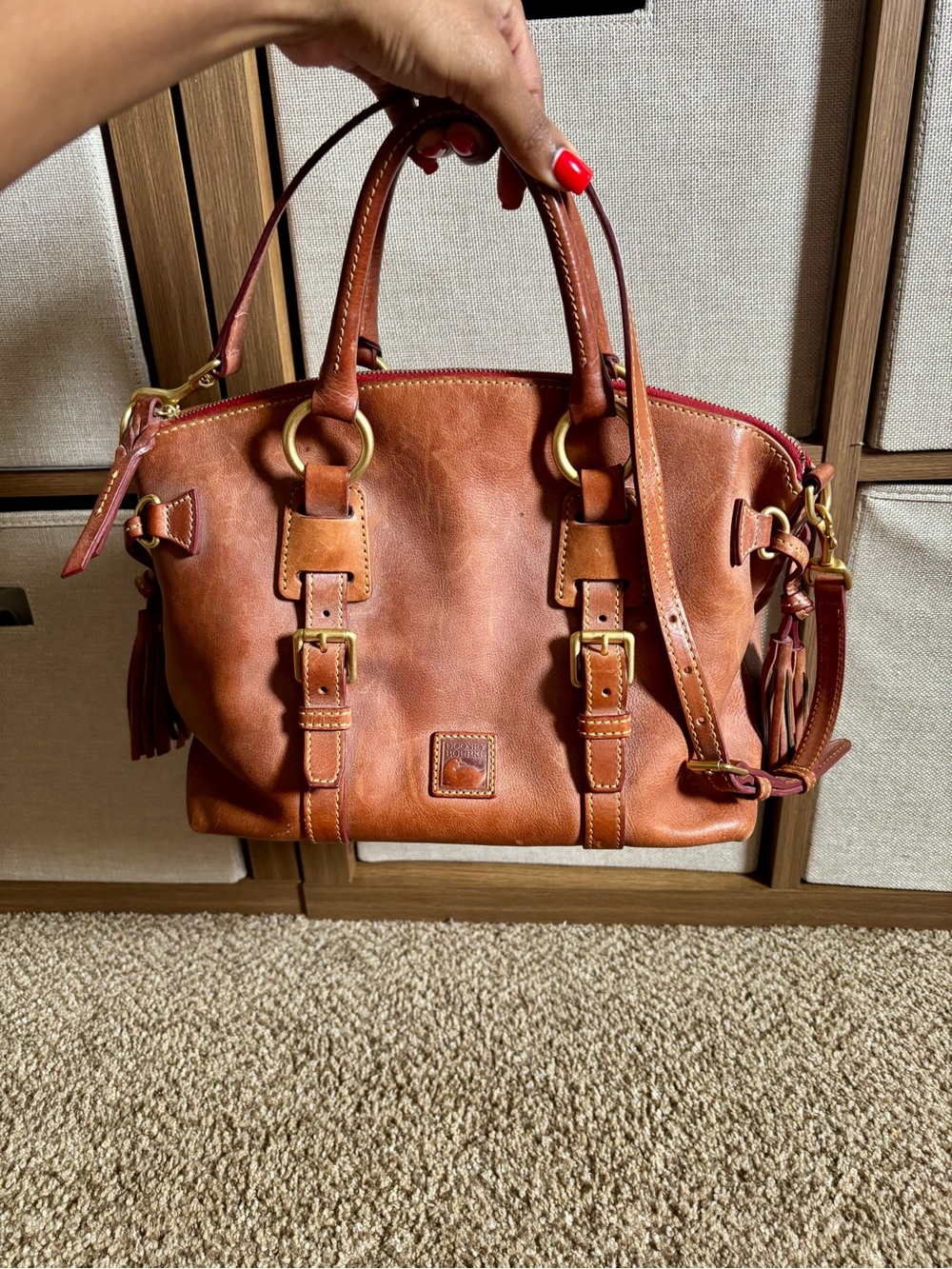 Dooney & Bourke Cognac Brown Leather Satchel with Gold Hardware Florentine Bag